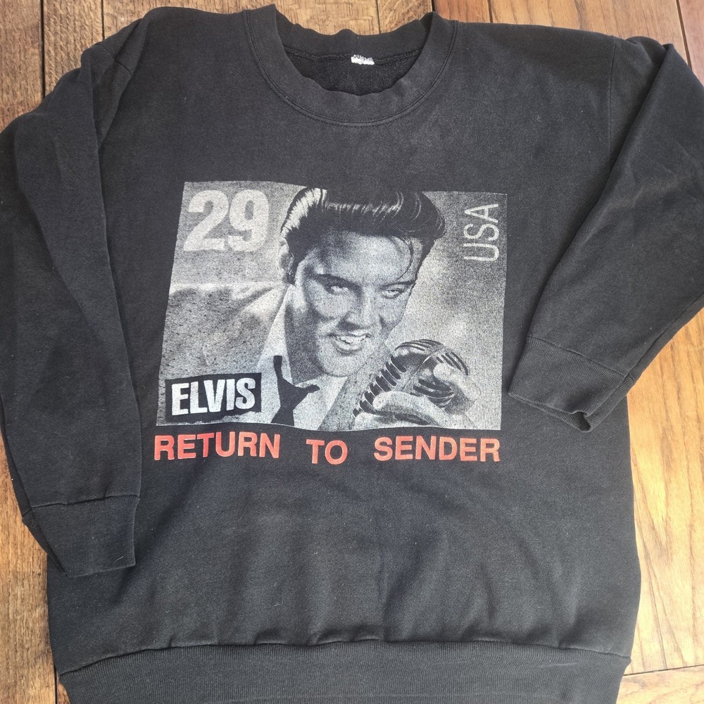 Vintage 90s Elvis Commemorative Stamp Crewneck T-shirt Size Large Usps Black